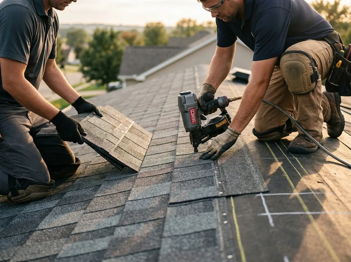 Professional roofer working on a residential roof in Queen Creek
